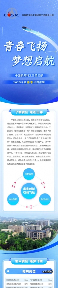 春招|中国航天科工三院三部2025年度春季校园招聘正式启动!